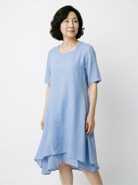 CLICK Made in USA Blue 100%Linen Dress Minimalist Short Sleeve Shift Size S